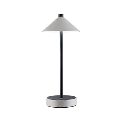 Modern table lamp with black metal rod and grey leather shade and base for stylish lighting