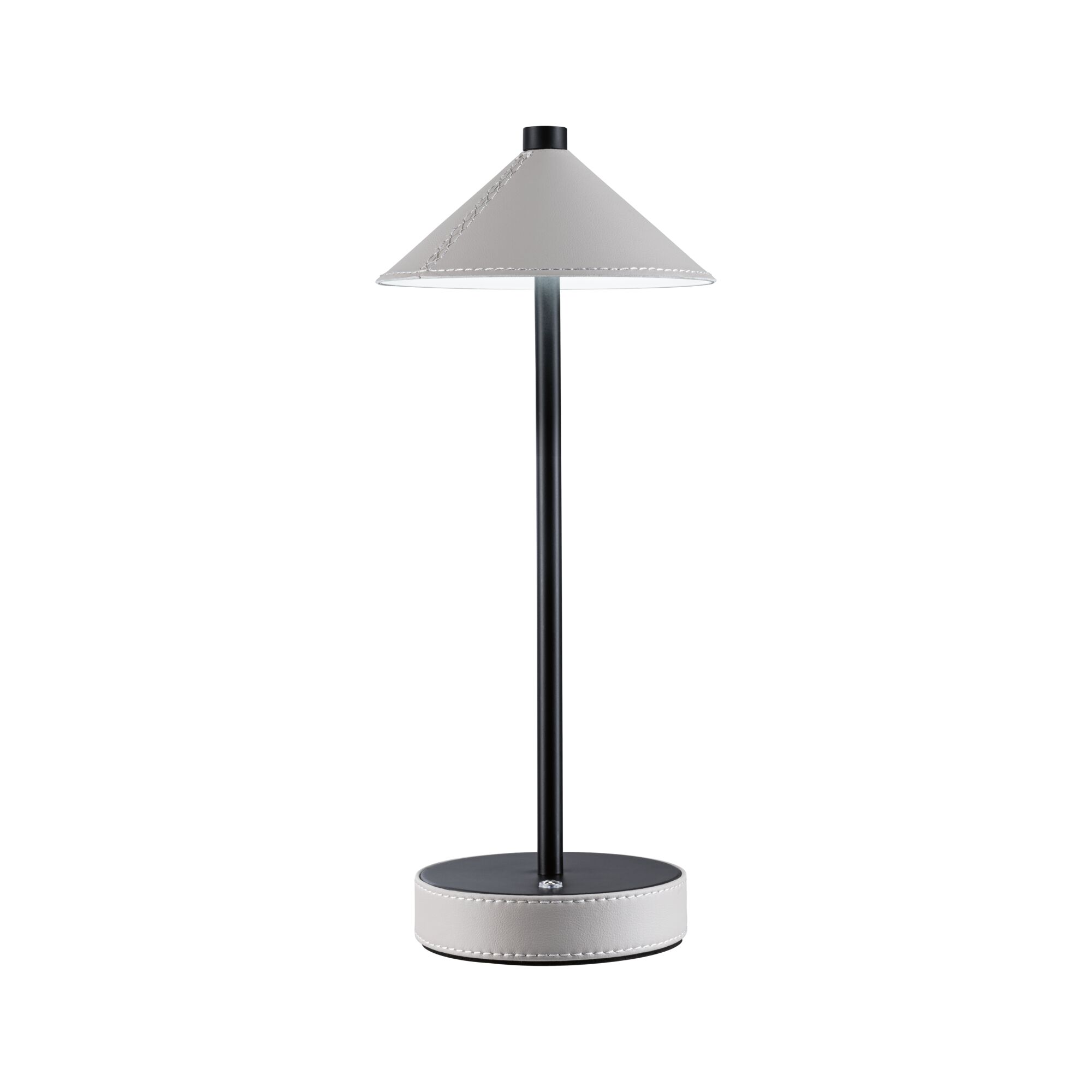 Moderne Tischlampe mit schwarzem Metallstab und grauem Leder-Schirm für stilvolle Beleuchtung