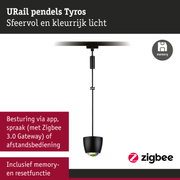 Zwarte URail Tyros pendel met kleurrijke lichtbol en Zigbee bediening voor slimme verlichting