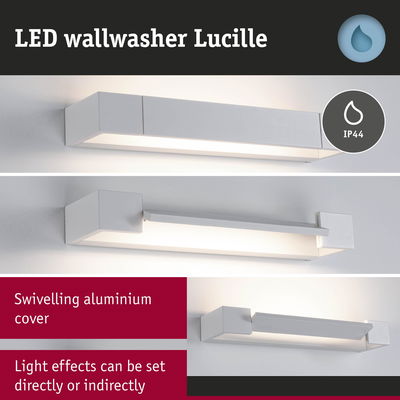 White aluminium LED wallwasher Lucille with swivelling cover for adjustable direct or indirect light effects