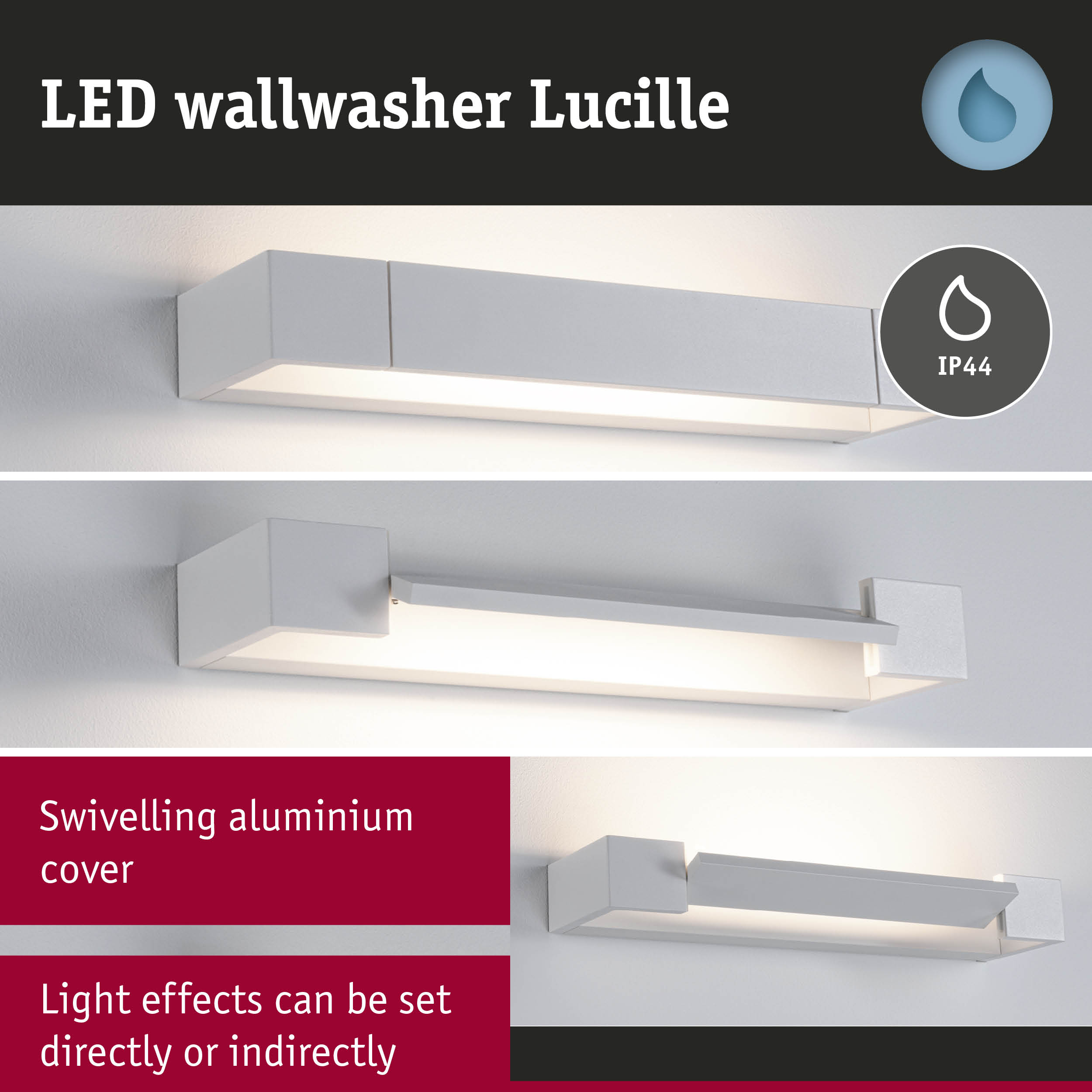 White aluminium LED wallwasher Lucille with swivelling cover and IP44 protection for indoor and outdoor use