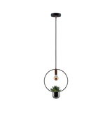 Modern pendant light with black metal ring, copper socket, and integrated plant pot for indoor plants.