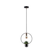 Modern black metal pendant light with copper accents and built-in plant holder for home decor