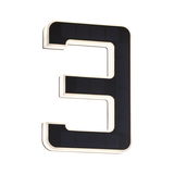 Modern black solar LED house number 3 with white frame and energy-saving lighting