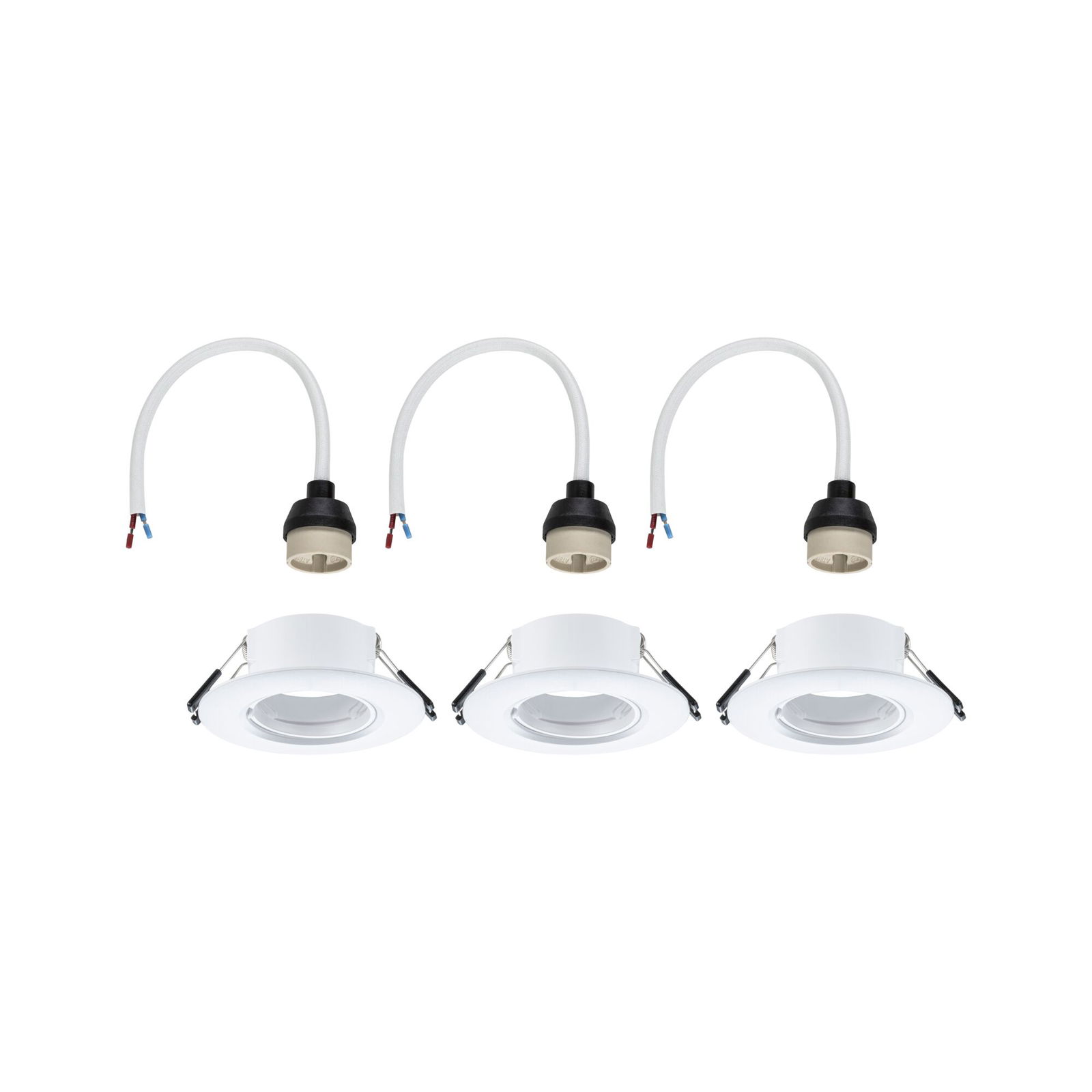 Lot de trois spots encastrés blancs avec câble et douille pour installation LED au plafond