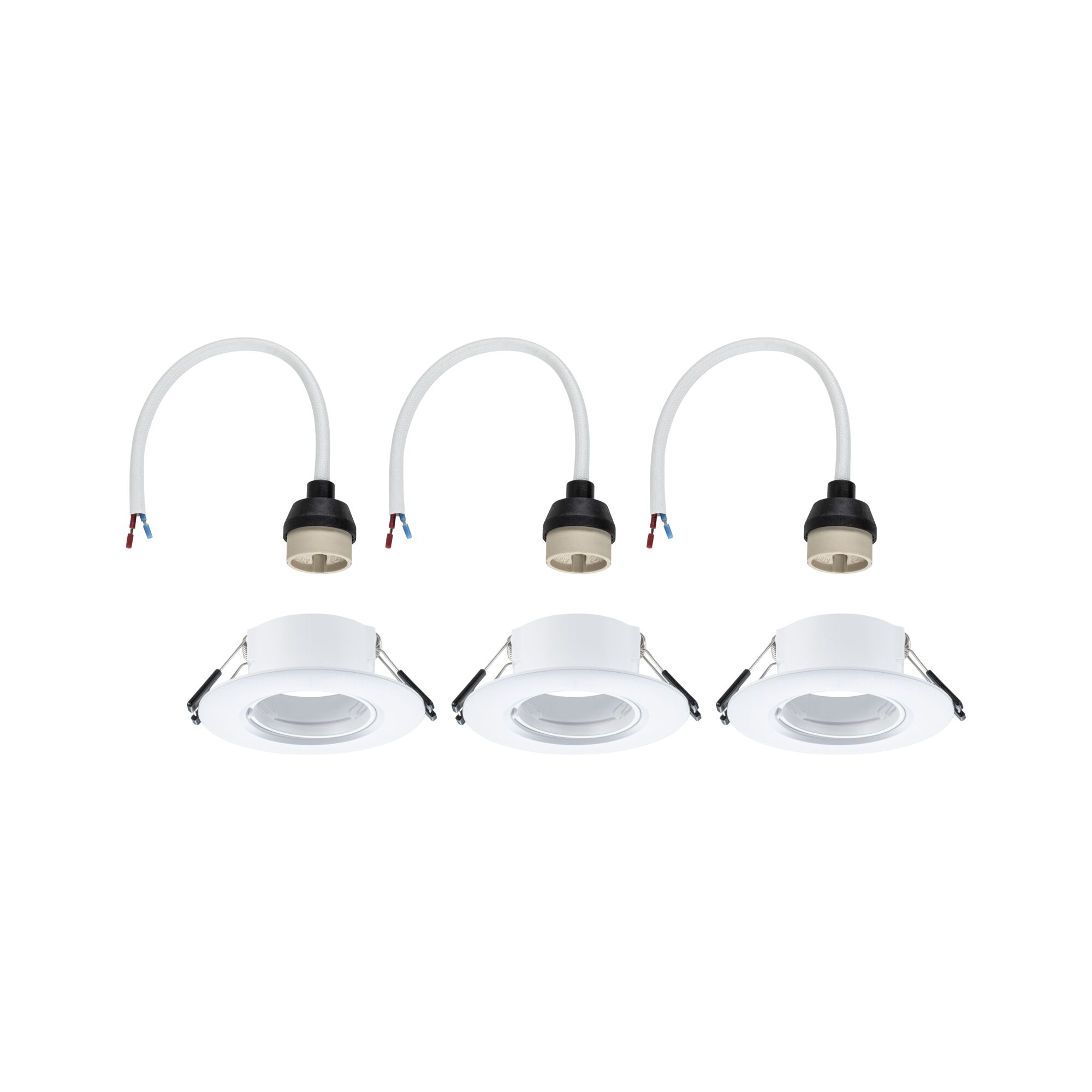 Set of three white recessed spotlights with cable and socket for LED ceiling installation