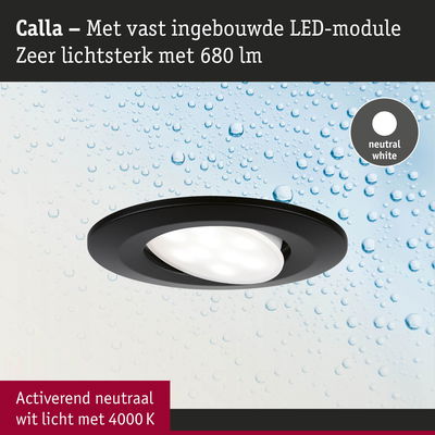 Zwarte Calla LED inbouwspot met neutraal wit licht 4000K en 680 lumen helderheid