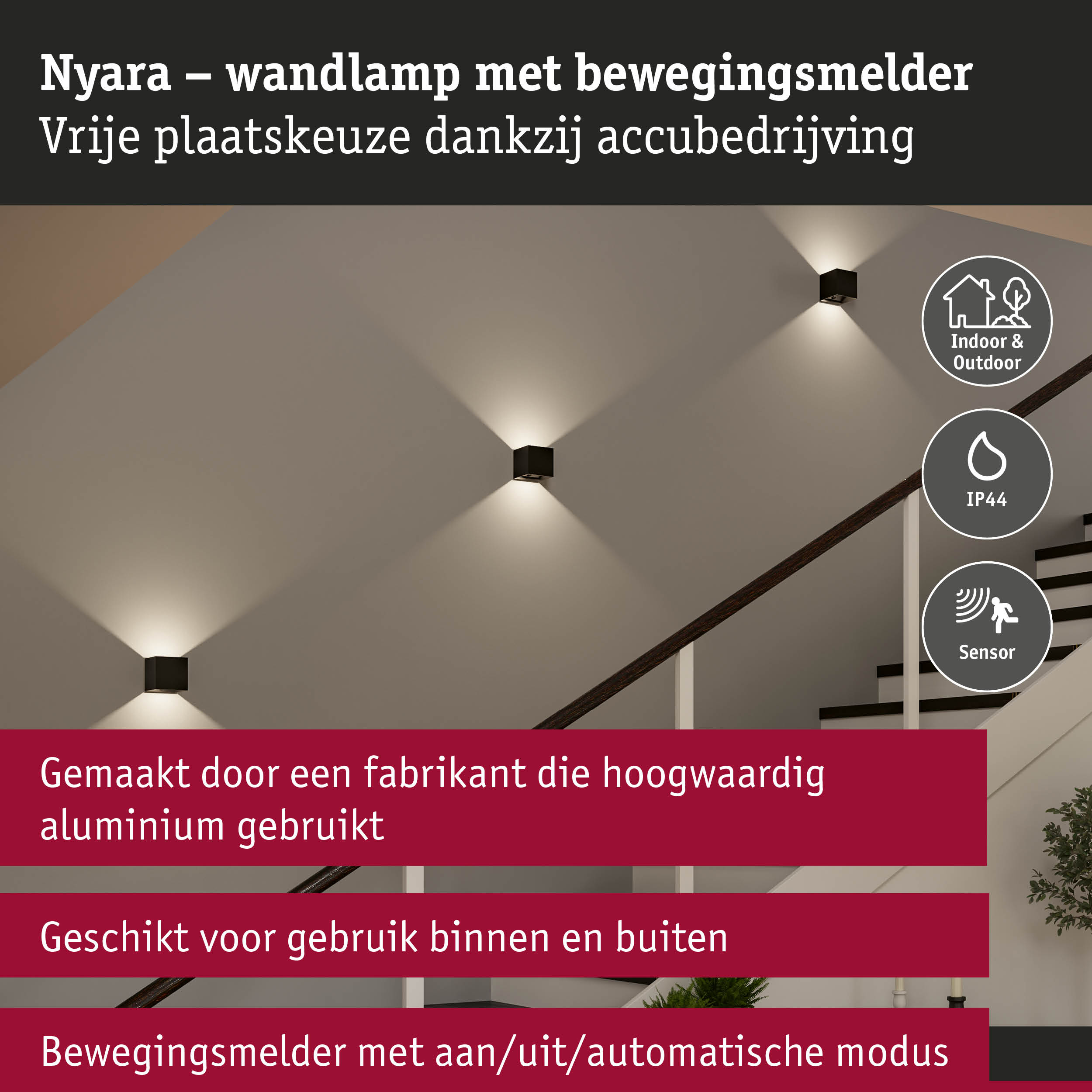 Zwarte Nyara aluminium wandlamp met bewegingssensor, geschikt voor binnen- en buitengebruik