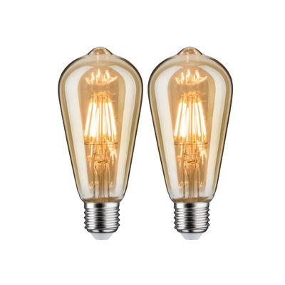 Zwei vintage LED-Leuchtmittel in bernsteinfarbenem Glas mit E27-Fassung für dekorative Beleuchtung
