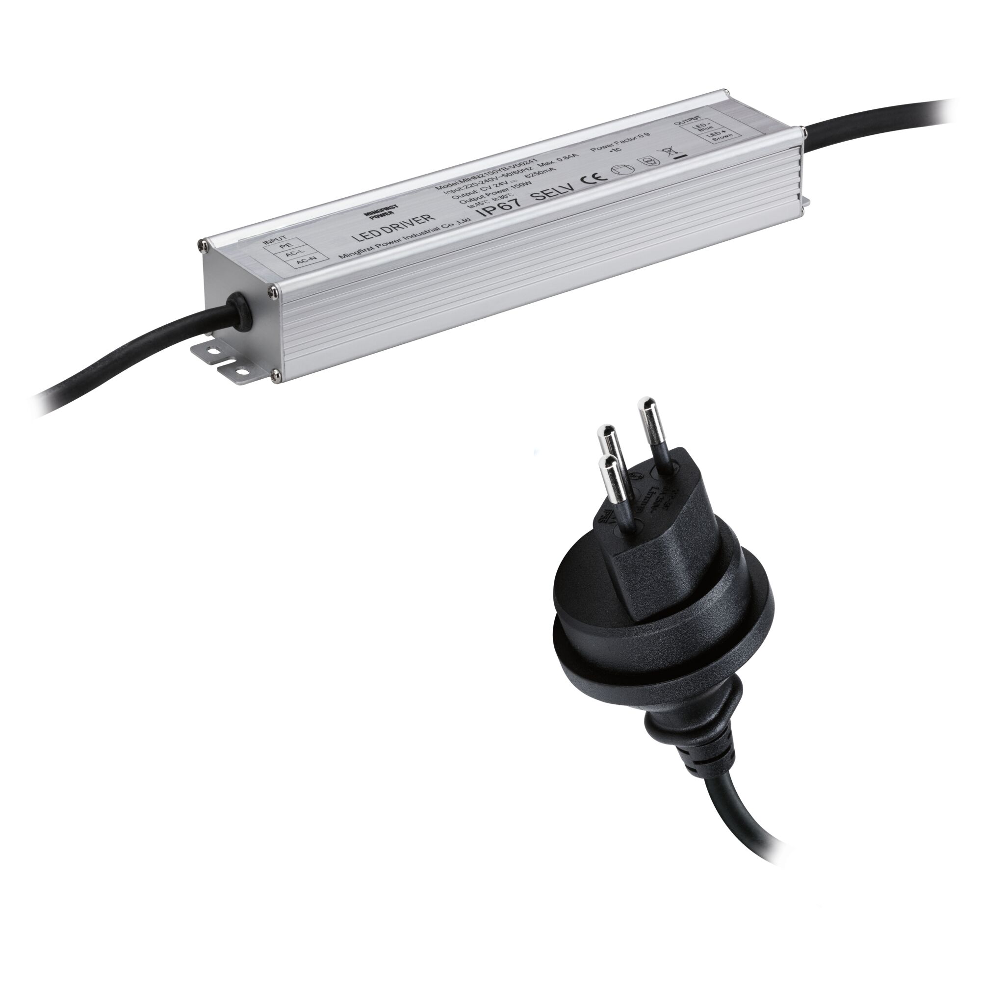 Alimentation LED en aluminium argenté avec câble noir et prise Euro pour éclairage LED