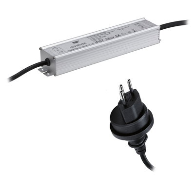 Alimentation LED en aluminium argenté avec câble noir et prise Euro pour éclairage LED