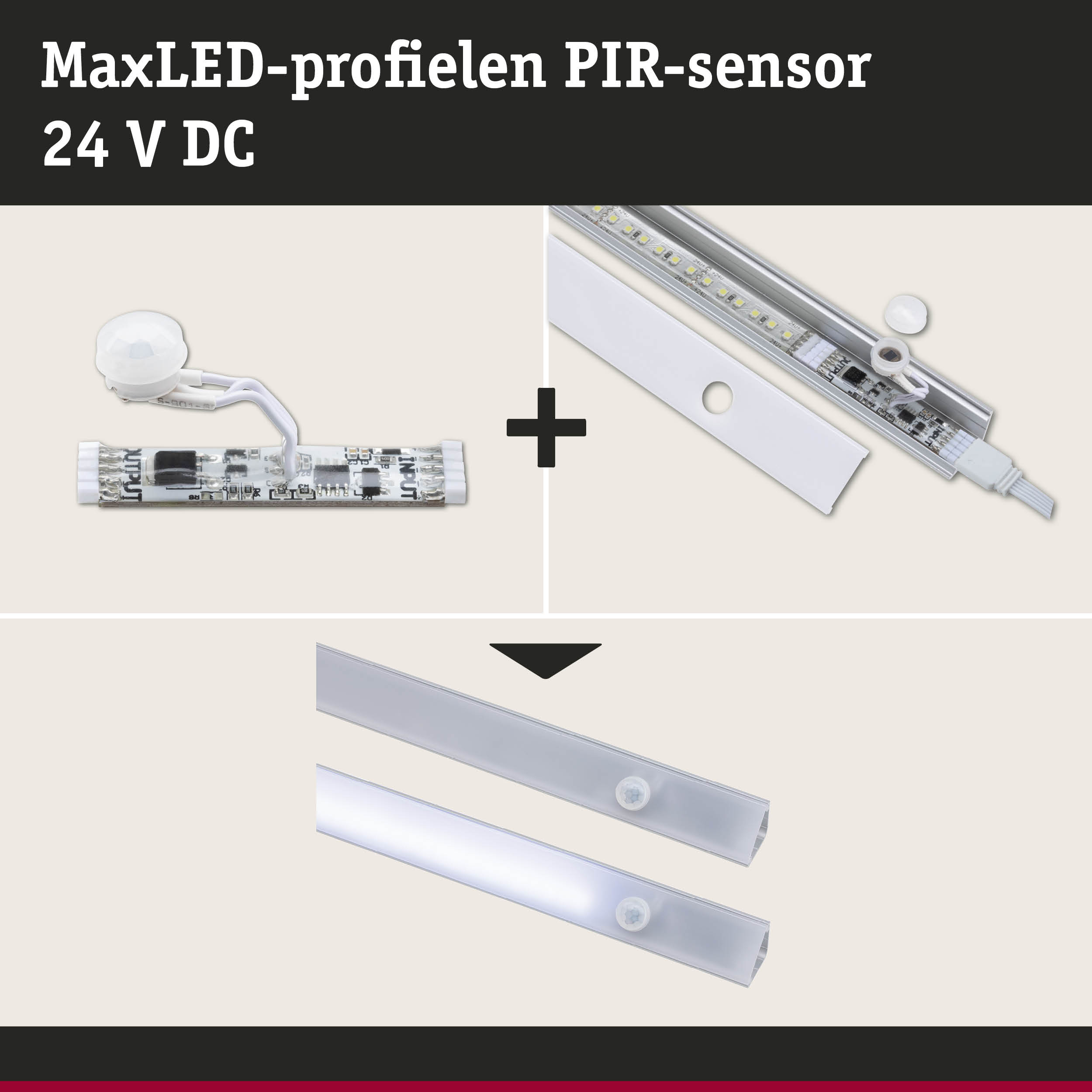 MaxLED-profiel met witte PIR-sensor en 24 V DC LED-verlichting voor energiezuinige lichtregeling