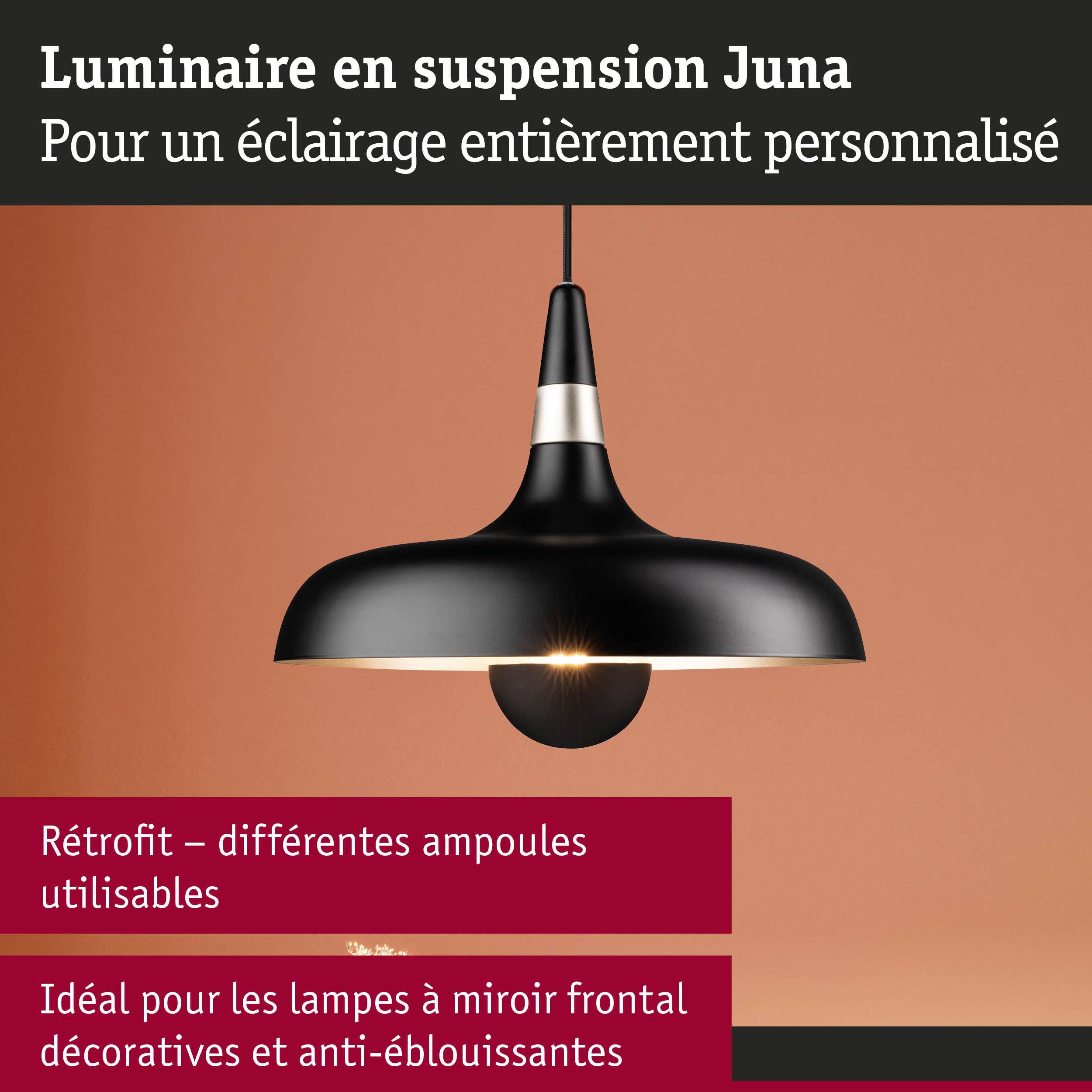 Luminaire suspendu Juna noir en métal avec lumière chaude pour un éclairage intérieur personnalisé