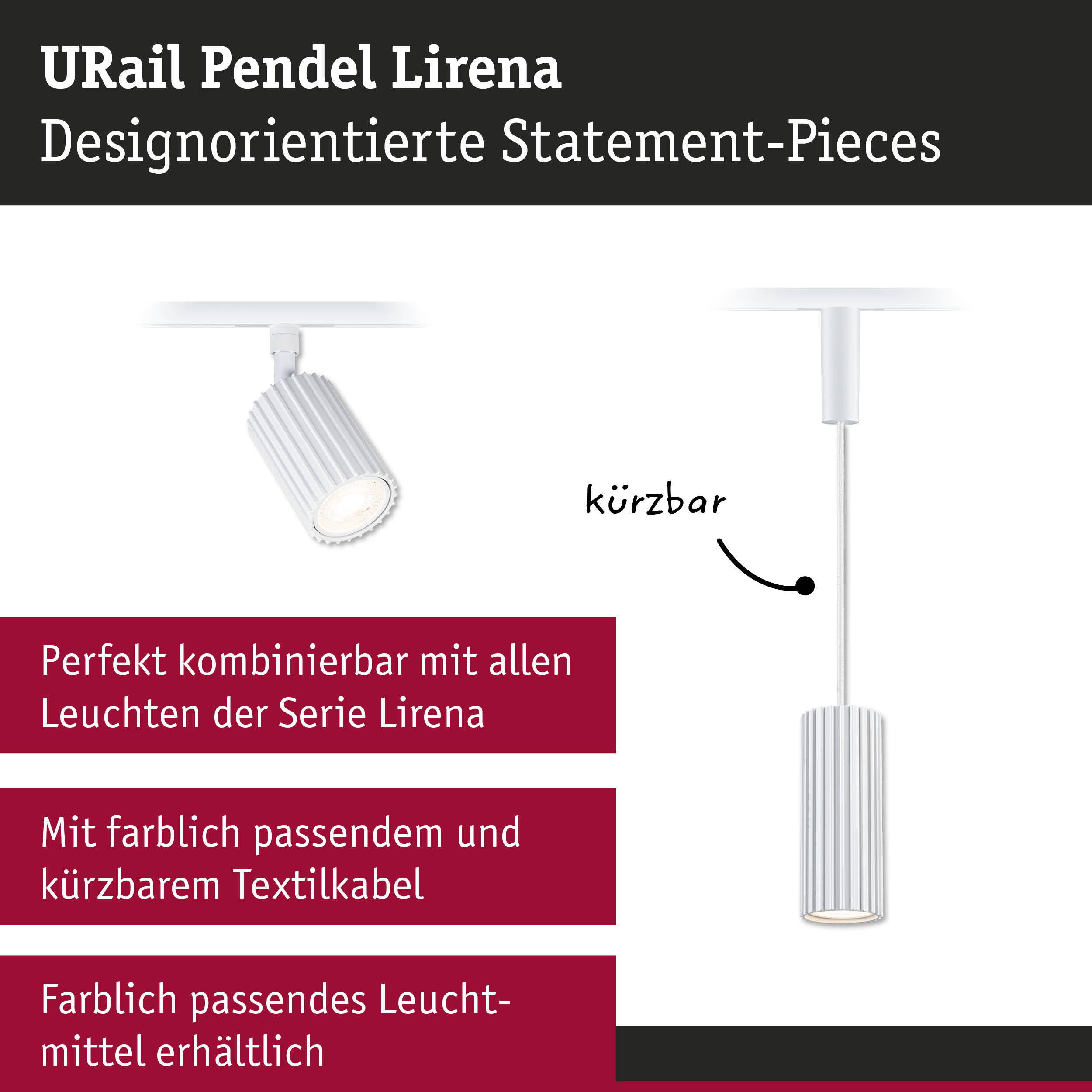 Weißer URail Pendel Lirena Leuchtenkopf mit gerilltem Design und kürzbarem Textilkabel für flexible Beleuchtung
