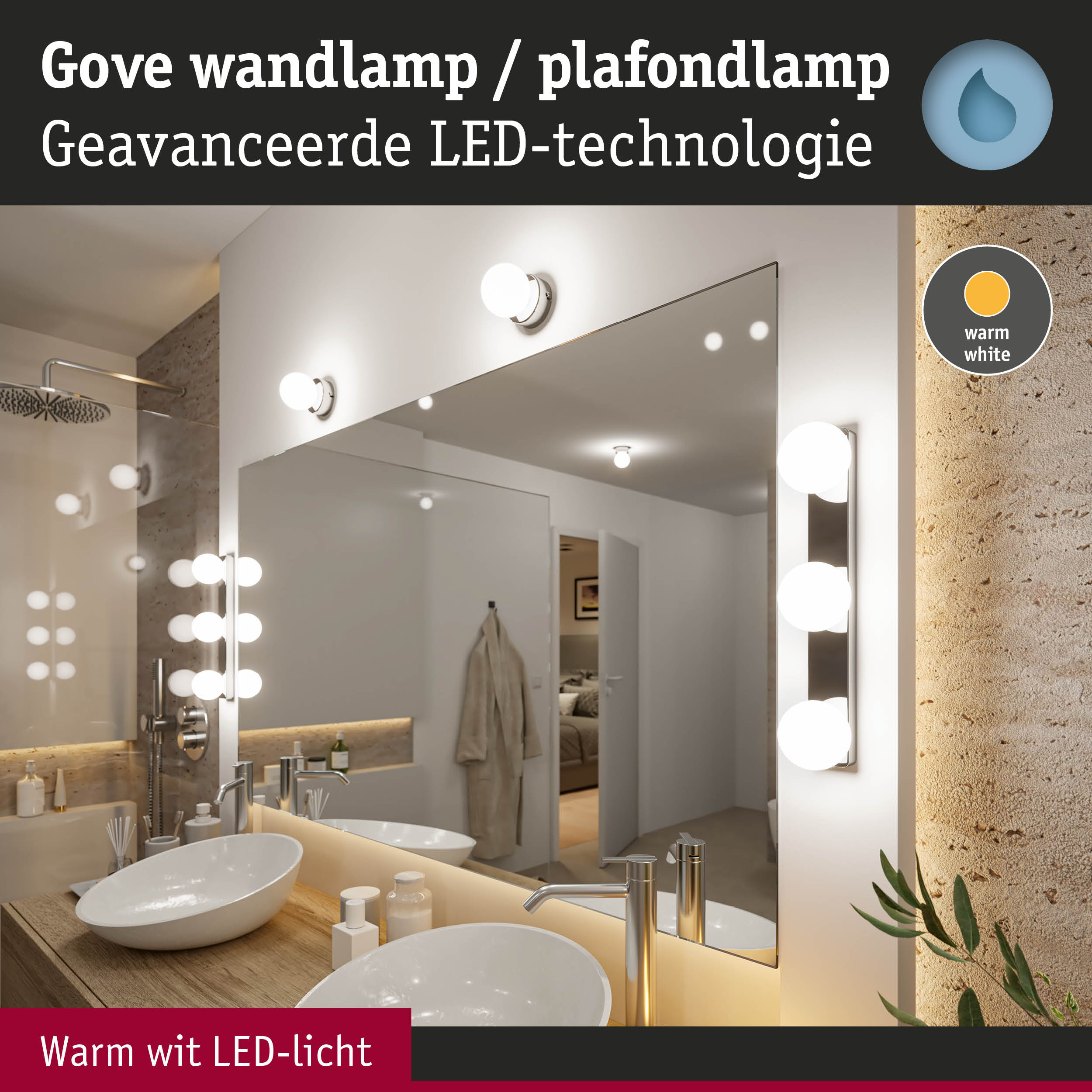Gove LED wand- en plafondlamp met warm wit licht in moderne badkamer met spiegel en houten blad.