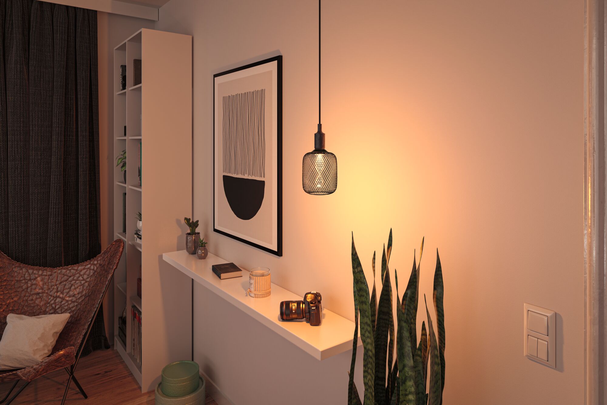 Black metal pendant light with warm glow in modern living room featuring plants and decor