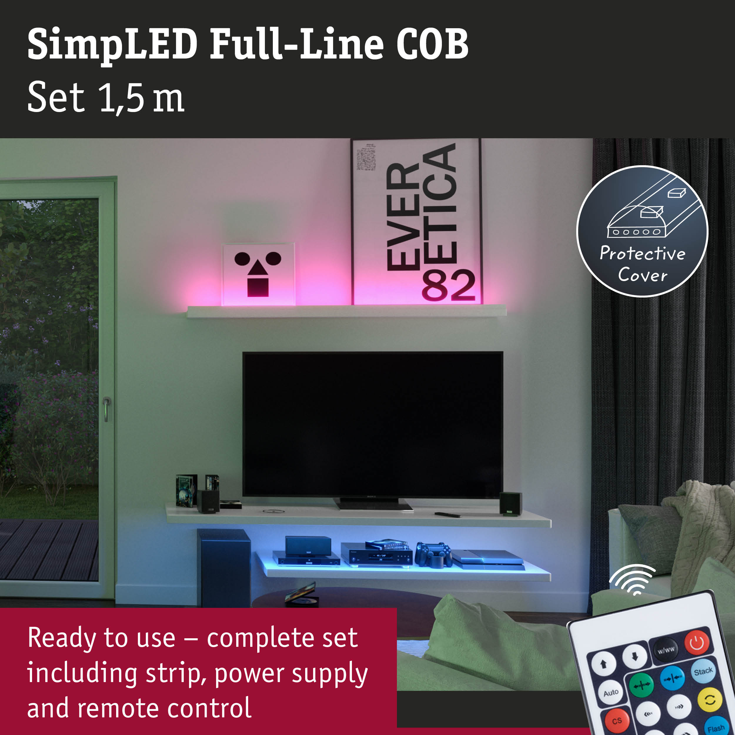SimplLED Full-Line COB 1.5m LED strip set with remote and protective cover for ambient home lighting