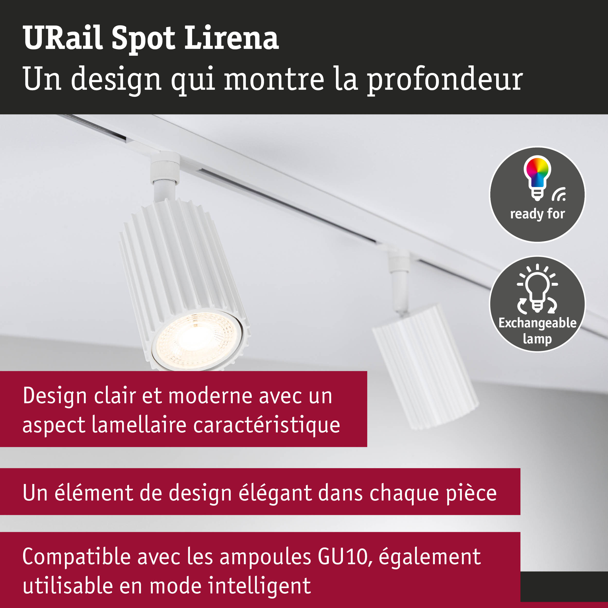 Spot URail Lirena blanc en aluminium avec design lamellaire, compatible ampoules GU10 et systèmes intelligents