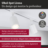 Spot URail Lirena blanc en aluminium avec design lamellaire, compatible ampoules GU10 et systèmes intelligents