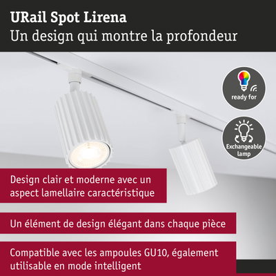 Spot URail Lirena blanc en aluminium avec design lamellaire, compatible ampoules GU10 et systèmes intelligents