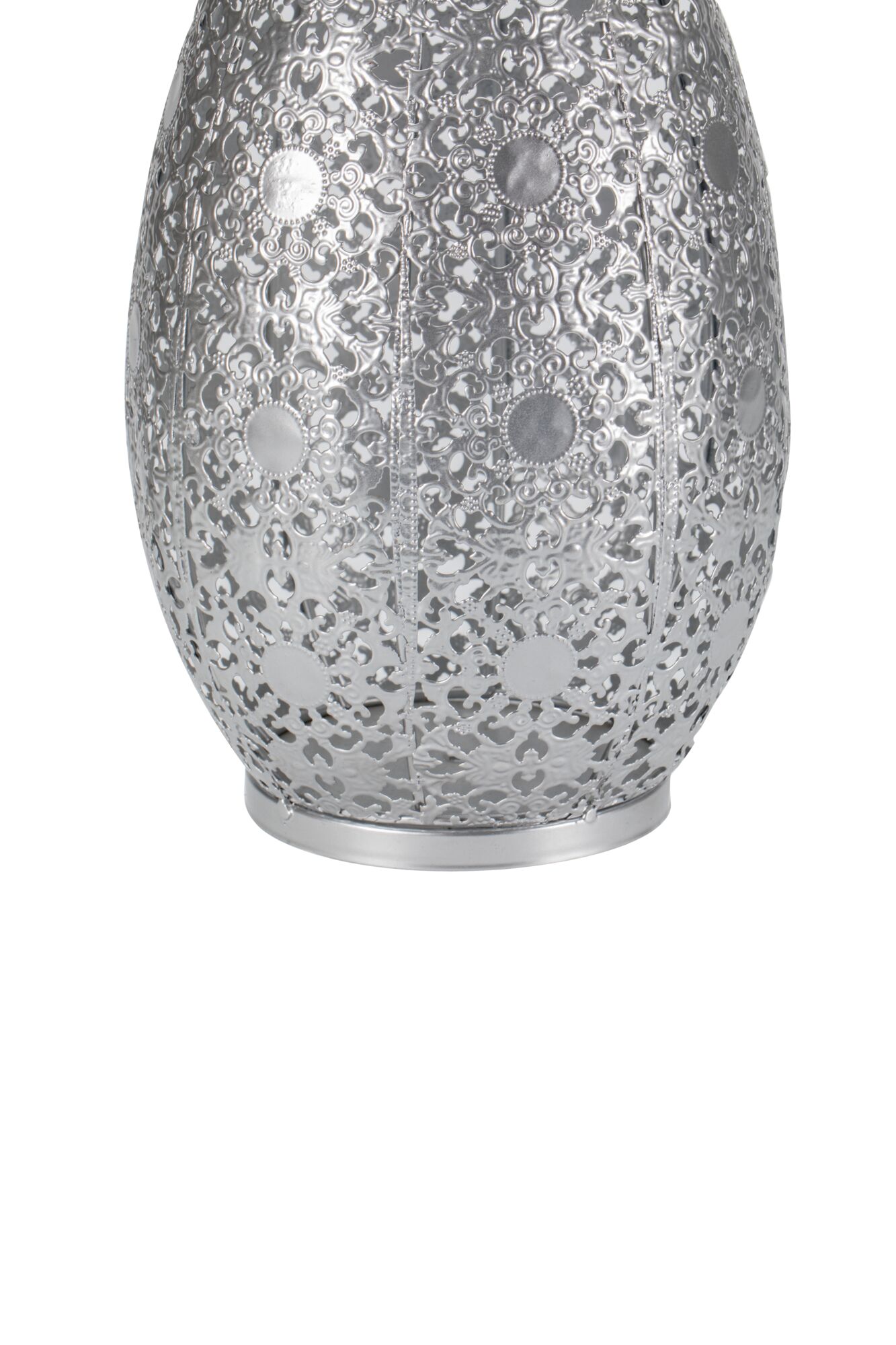 Silver metal vase with intricate floral pattern and shiny finish for elegant home decoration