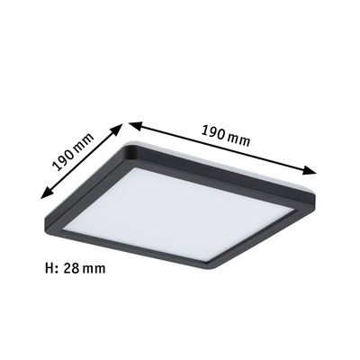 Square black LED ceiling light with white diffuser, dimensions 190x190x28 mm, modern lighting fixture