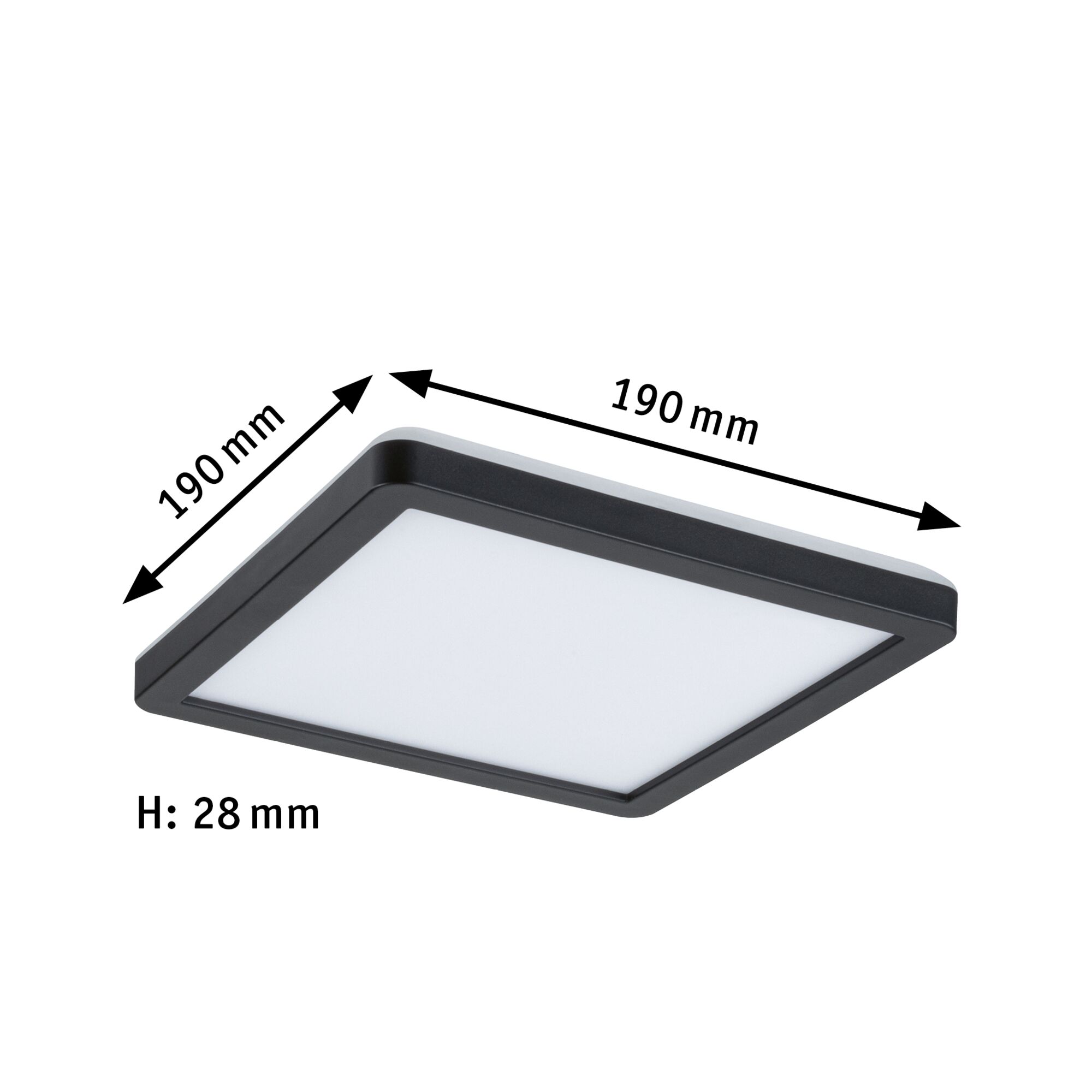 Square black LED ceiling light with white diffuser, dimensions 190x190x28 mm, modern lighting fixture