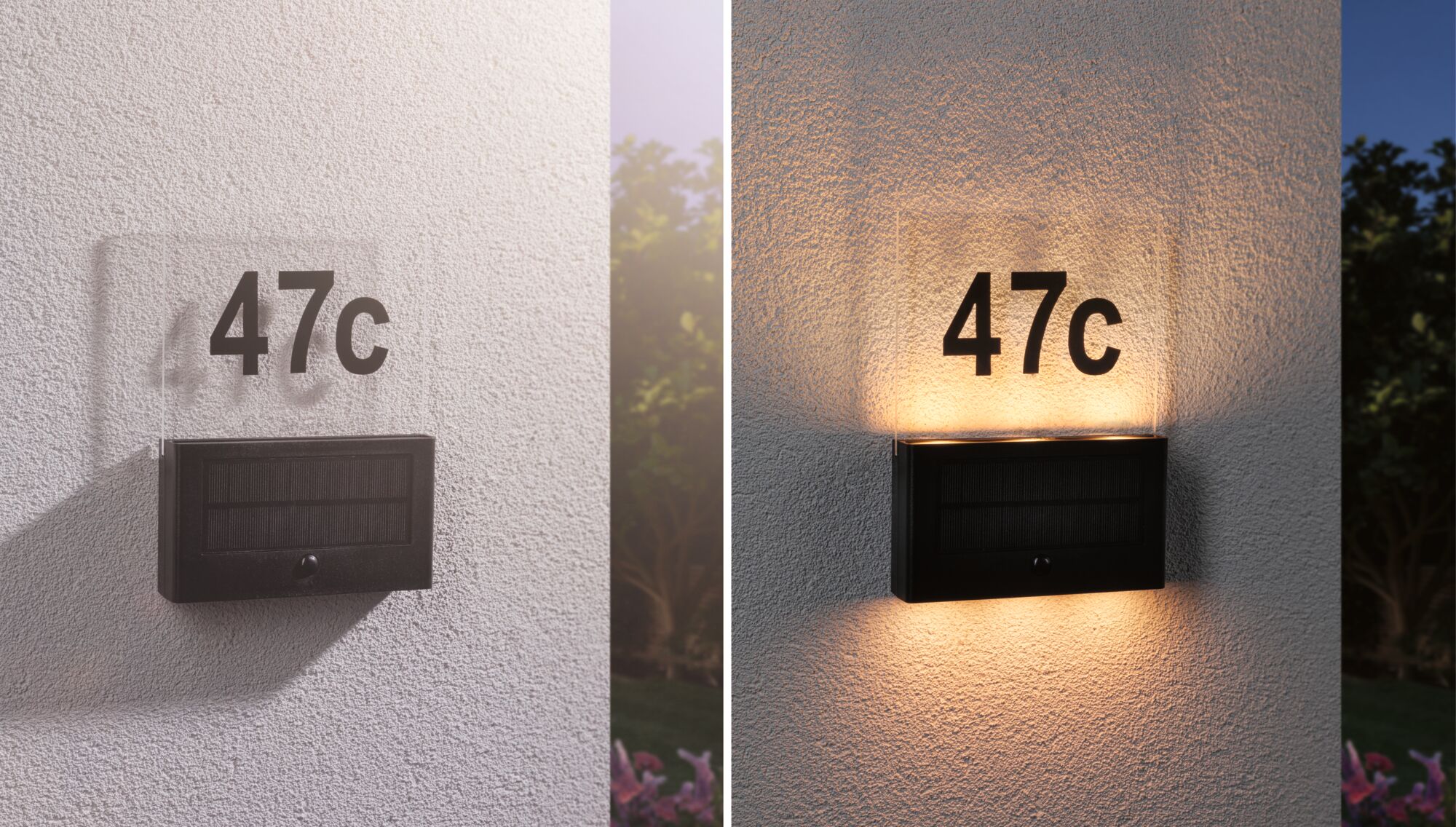 Black solar LED house number sign with clear acrylic plate showing number 47c on white wall
