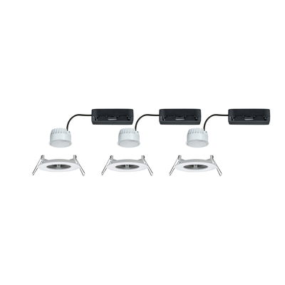 Three white LED recessed spotlights with black connection boxes and springs for ceiling installation, energy-saving lighting