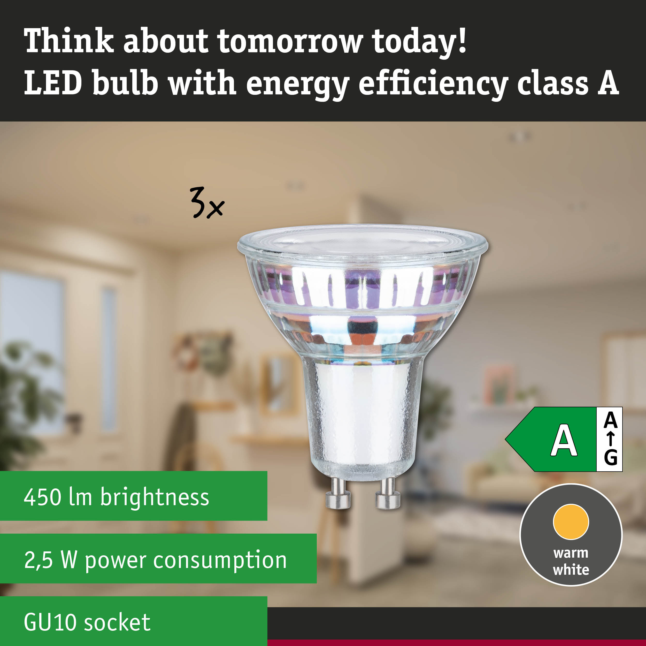 Clear GU10 LED bulb in warm white, ultra-efficient LED lamp for accent lighting with energy saving