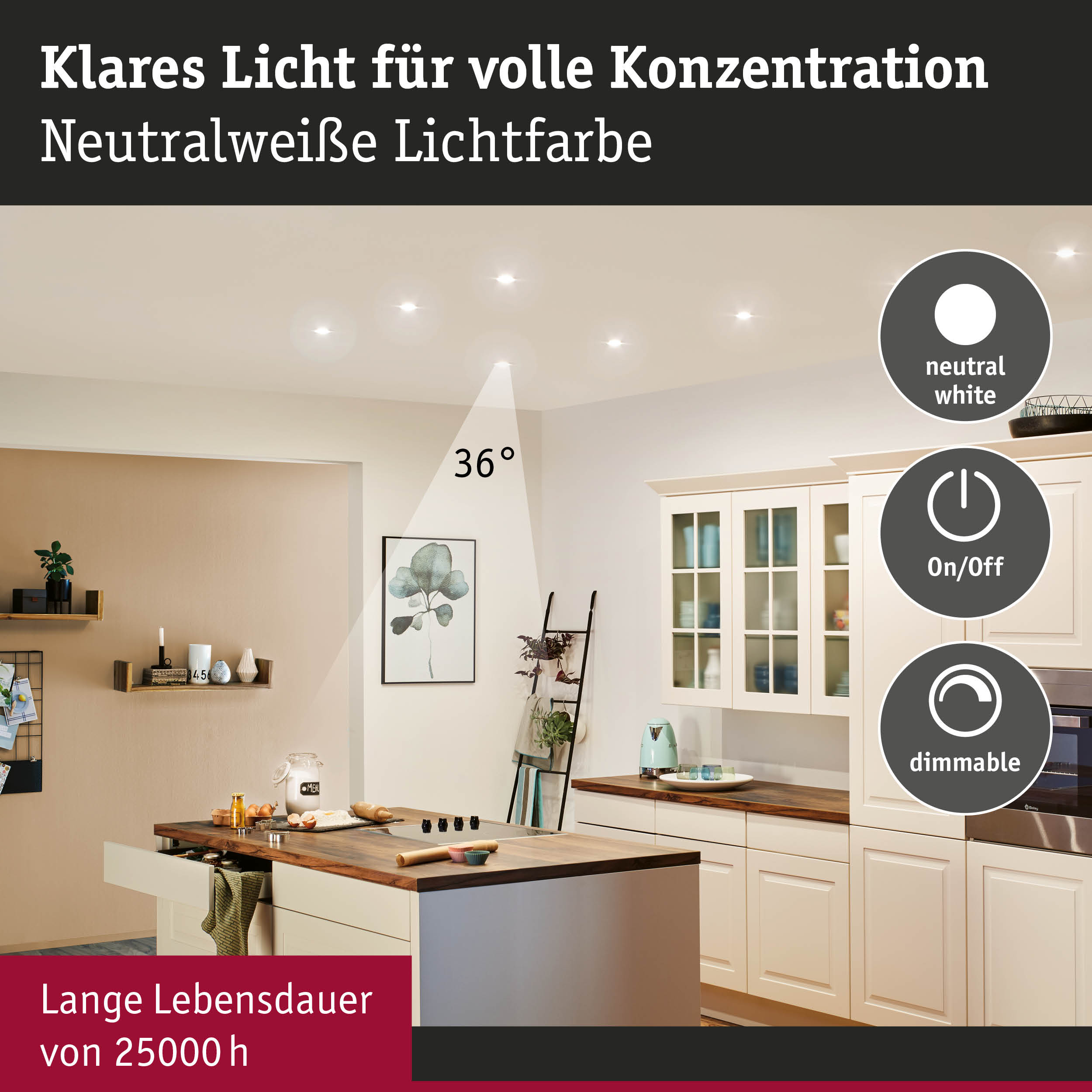 Moderne Küche mit neutralweißer LED-Deckenbeleuchtung, dimmbar und langlebig mit 25000 Stunden.