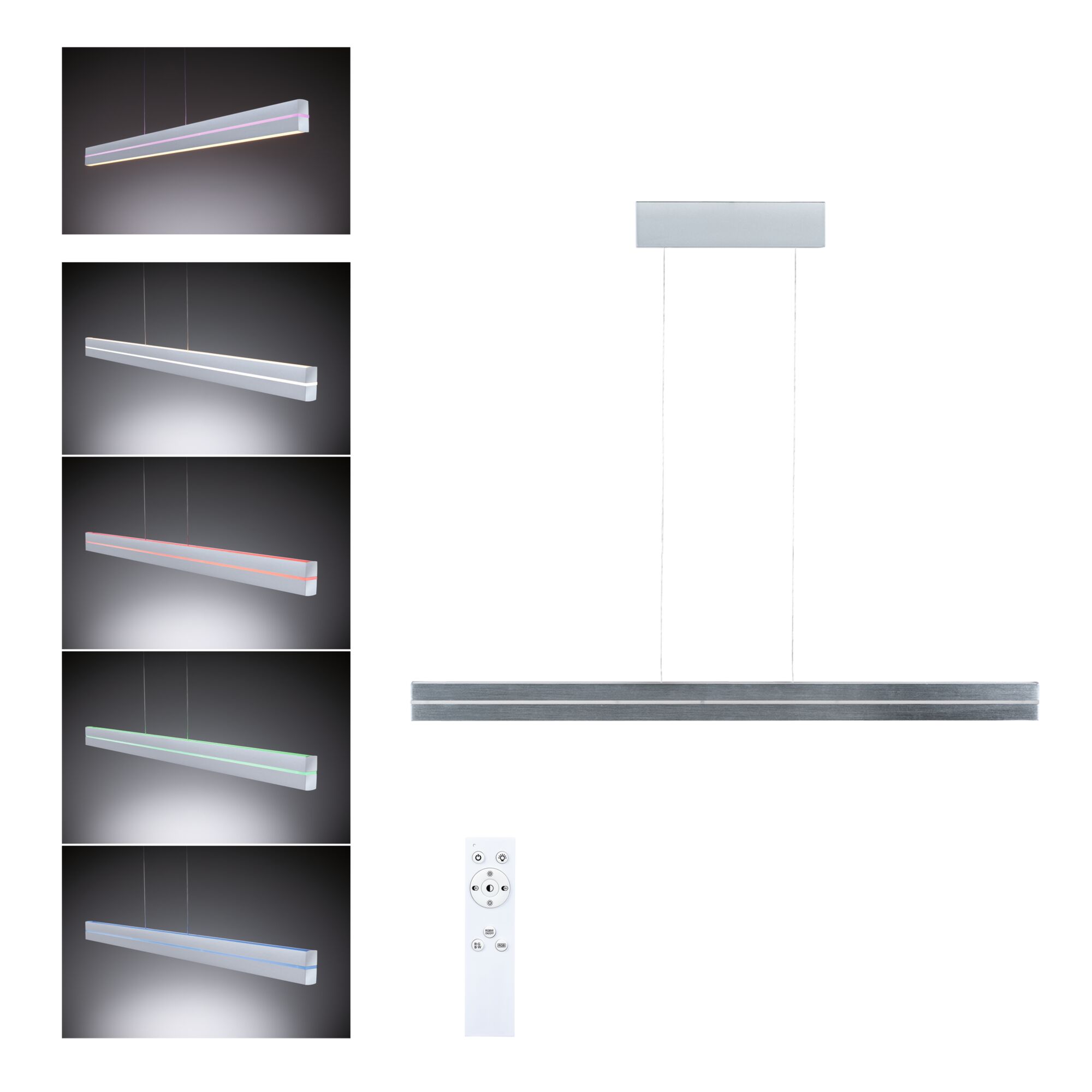 Modern silver aluminium LED pendant light with RGB colour change and remote control for living spaces