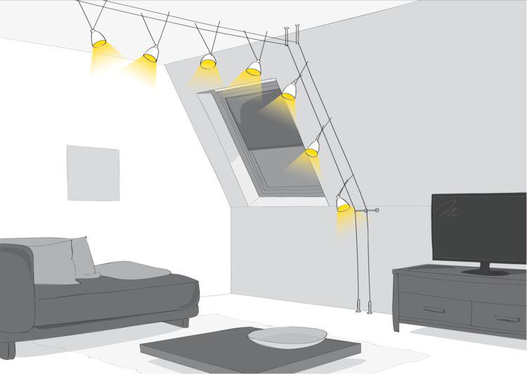 Skizze eines modernen Wohnzimmers mit sechs gelb beleuchteten Deckenspots an Schienensystem.