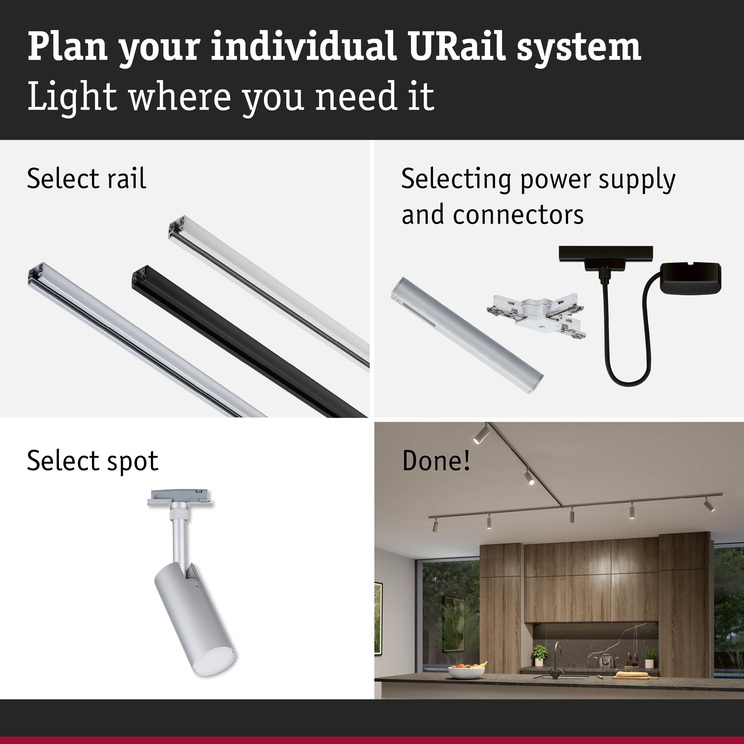 Modular URail rail system with black and white aluminium rails for flexible LED lighting setup.