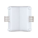 Witte kunststof connector met metalen contacten voor LED-rails verlichtingssystemen