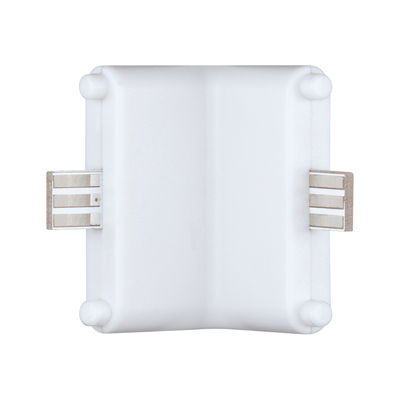 Witte kunststof connector met metalen contacten voor LED-rails verlichtingssystemen