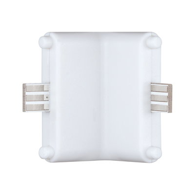 Witte kunststof connector met metalen contacten voor LED-rails verlichtingssystemen