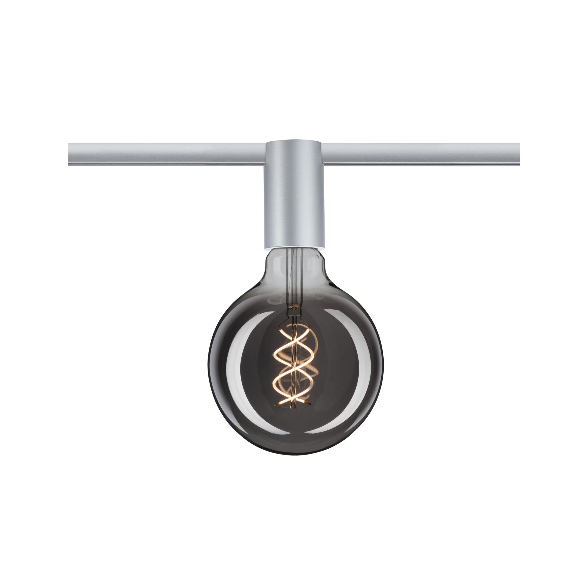 Smoked glass LED bulb with spiral filament in silver track for modern indoor lighting
