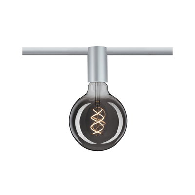 Smoked glass LED bulb with spiral filament in silver track for modern indoor lighting
