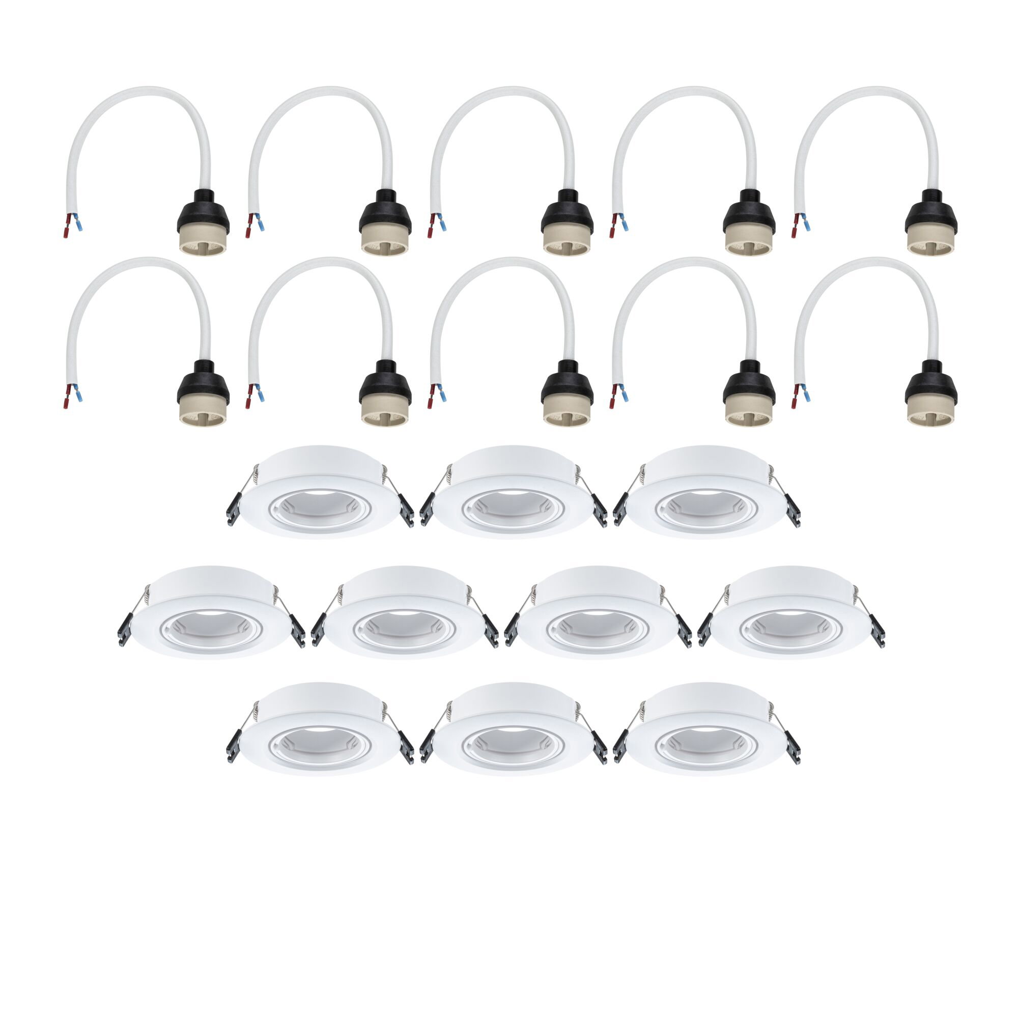 Twelve white metal recessed spotlights with matching cable connectors for LED lighting.