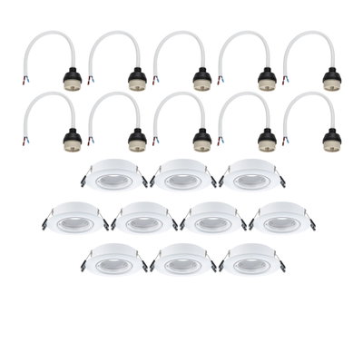 Twelve white metal recessed spotlights with matching cable connectors for LED lighting.