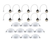 Twelve white metal recessed spotlights with matching cable connectors for LED lighting.