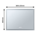Rechthoekige badkamerspiegel met LED-verlichting en touchsensor in grijs, afmeting 800x600 mm