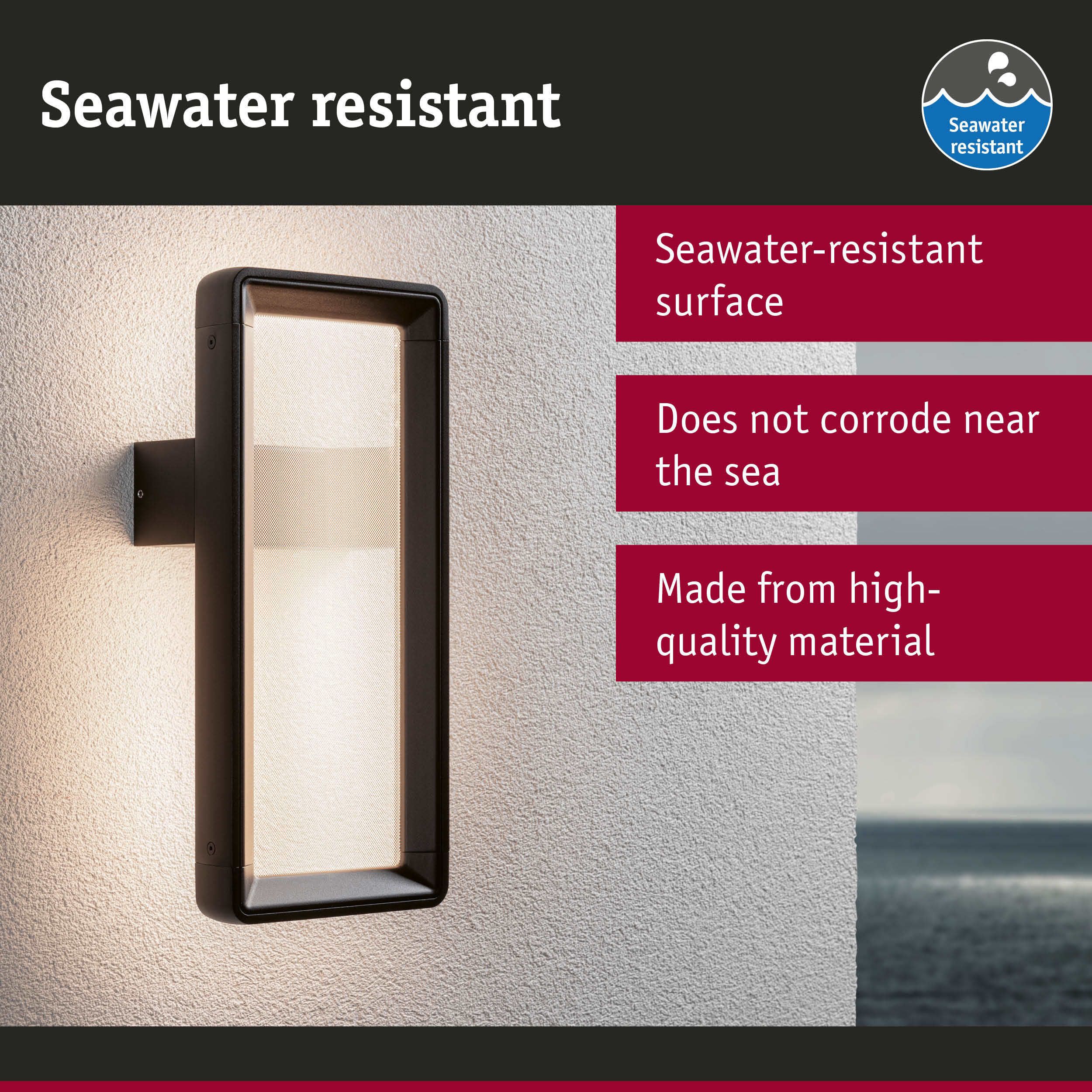 Black outdoor wall light with seawater-resistant surface for durable coastal lighting solutions