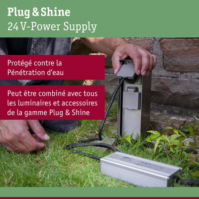 Alimentation 24V Plug & Shine en métal argenté, protégée contre l'eau pour éclairage extérieur