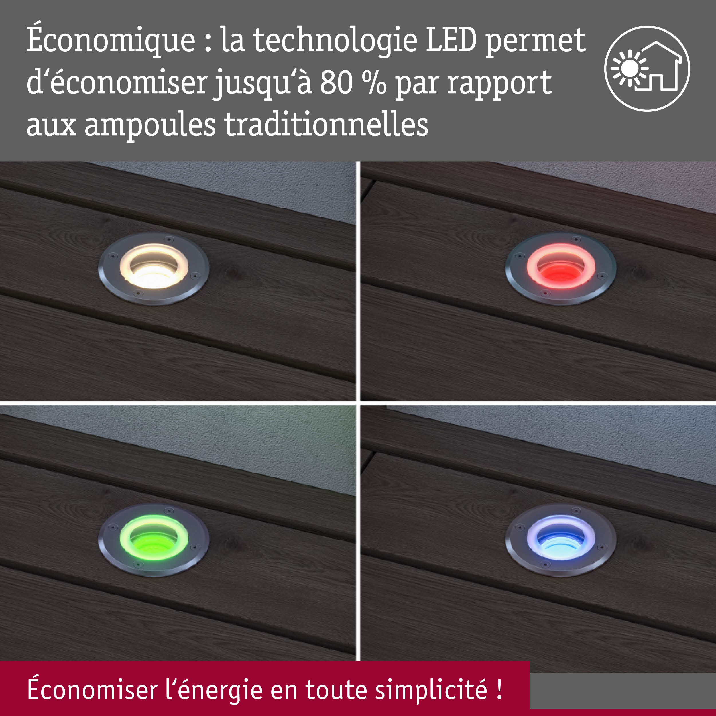 Quatre spots LED encastrés au sol en différentes couleurs sur bois foncé avec message sur l'économie d'énergie