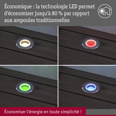 Quatre spots LED encastrés au sol en différentes couleurs sur bois foncé avec message sur l'économie d'énergie