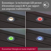 Quatre spots LED encastrés au sol en différentes couleurs sur bois foncé avec message sur l'économie d'énergie