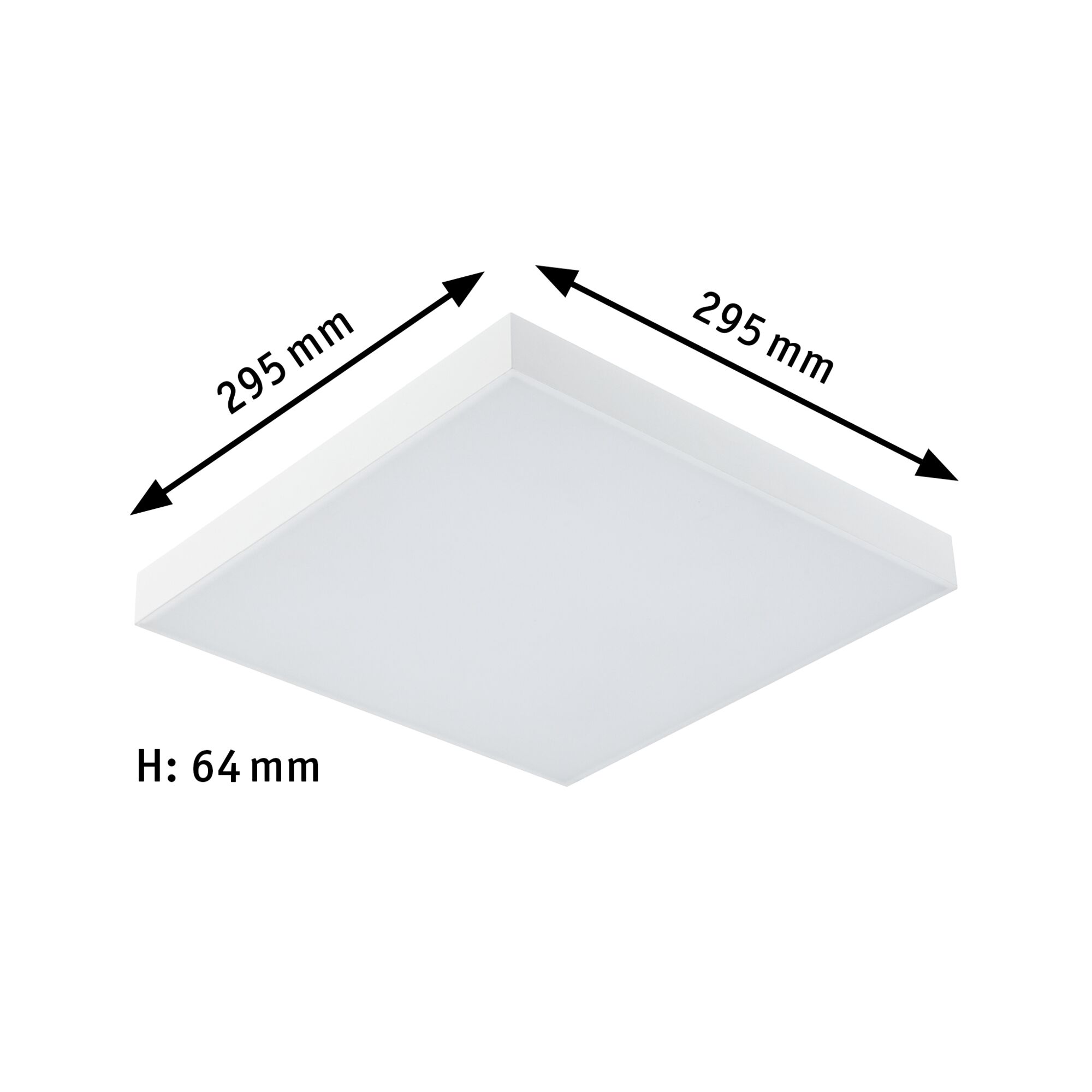 White square LED ceiling panel made of plastic, 295 mm width and 64 mm height for modern lighting