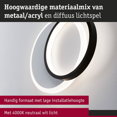 Moderne wandlamp van metaal en acryl in zwart met 4000K neutraal wit licht en diffuus lichtspel